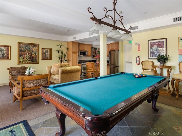 21345 Hawthorne Blvd Unit 415, Torrance, CA 90503 - recreation room with billiards, baseboards, visible vents, and ornamental molding