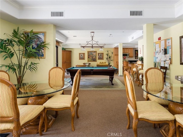21345 Hawthorne Blvd Unit 415, Torrance, CA 90503 - rec room with visible vents, a raised ceiling, light colored carpet, and crown molding