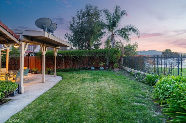 yard at dusk with a patio and a fenced backyard