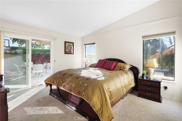 carpeted bedroom with baseboards, access to exterior, and vaulted ceiling