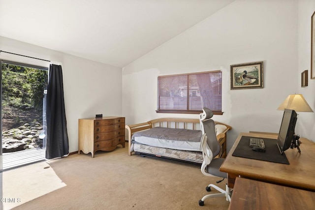 carpeted bedroom with high vaulted ceiling