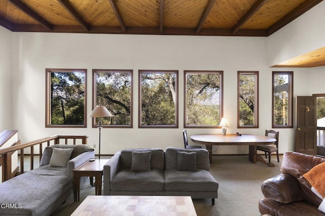 living area with beam ceiling, wood ceiling, carpet floors, and a healthy amount of sunlight