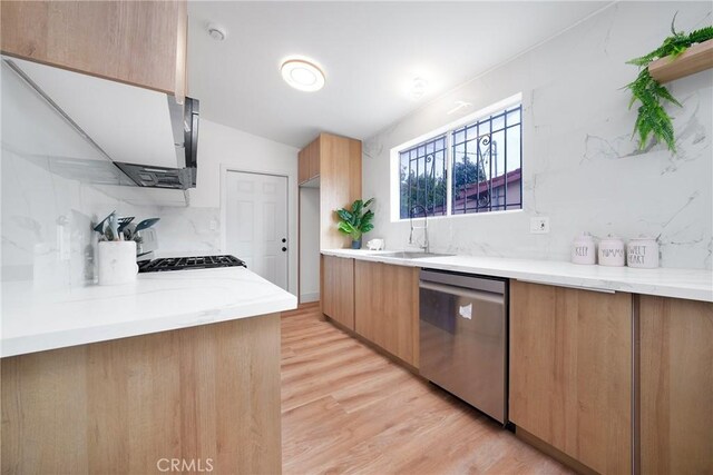 kitchen featuring modern cabinets, a sink, backsplash, light wood-style floors, and dishwasher