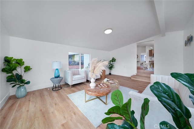 living area with baseboards and wood finished floors