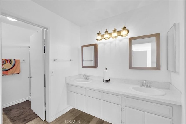 full bath featuring a sink, baseboards, wood finished floors, and double vanity