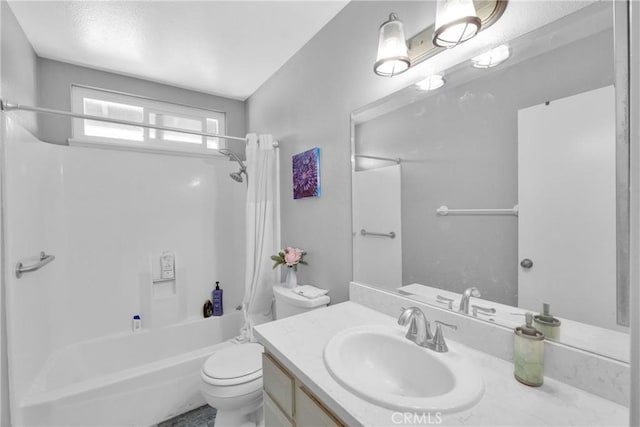 bathroom featuring toilet, vanity, and shower / bathtub combination with curtain