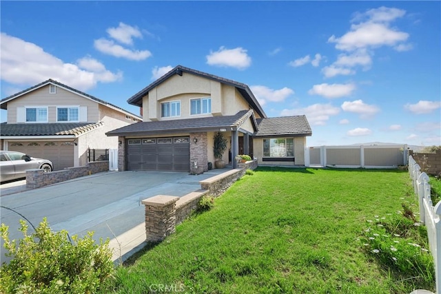 traditional-style home with an attached garage, fence, a front yard, stone siding, and driveway