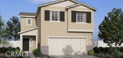 view of front of property featuring fence, stucco siding, concrete driveway, a garage, and stone siding