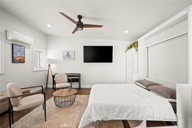3345 Oakhurst Ave, Los Angeles, CA 90034 - bedroom featuring a wall unit AC, recessed lighting, wood finished floors, baseboards, and a ceiling fan