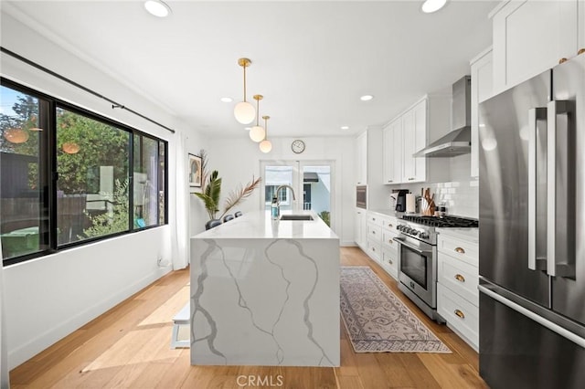 3345 Oakhurst Ave, Los Angeles, CA 90034 - kitchen with stainless steel appliances, wall chimney exhaust hood, a sink, white cabinetry, and backsplash