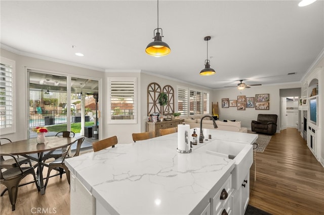 kitchen featuring plenty of natural light, ornamental molding, and dark wood-style flooring