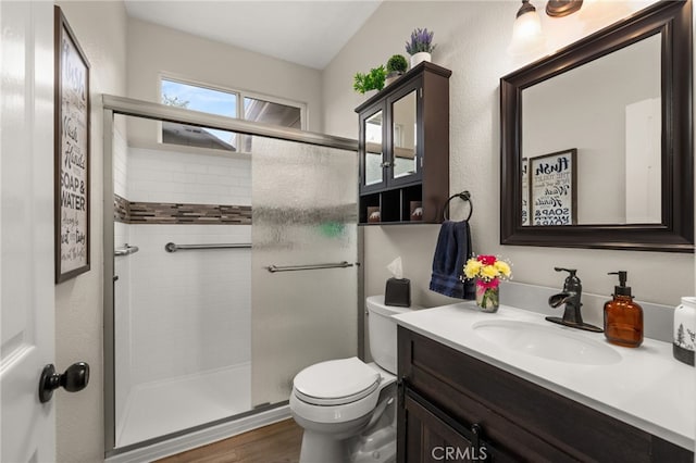 full bathroom featuring wood finished floors, toilet, a stall shower, and vanity