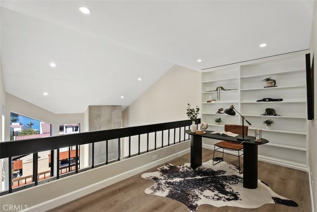 office area featuring recessed lighting, baseboards, and wood finished floors