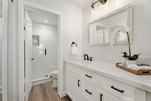 bathroom with toilet, a stall shower, wood finished floors, a baseboard radiator, and vanity