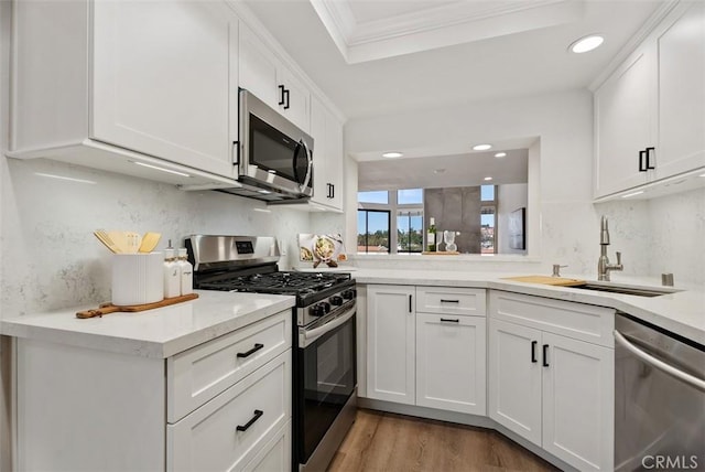 kitchen featuring a sink, appliances with stainless steel finishes, light wood-style flooring, and light countertops