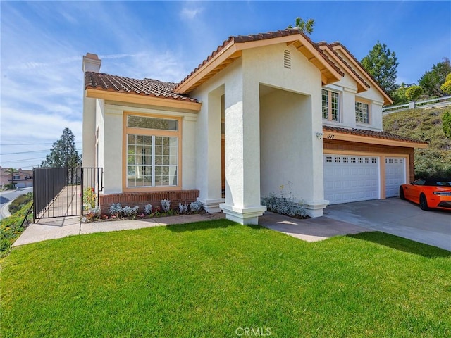 mediterranean / spanish home featuring stucco siding, concrete driveway, a front lawn, a garage, and a tile roof