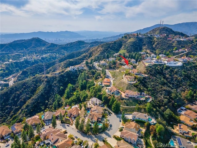 birds eye view of property featuring a mountain view and a residential view