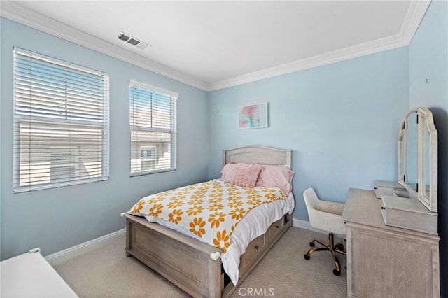 carpeted bedroom with baseboards, visible vents, and ornamental molding