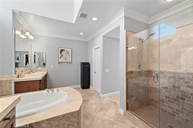 full bathroom with a bath, visible vents, a stall shower, and ornamental molding