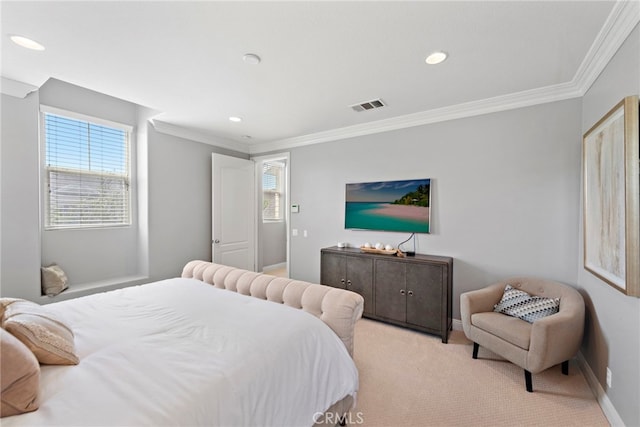 bedroom with visible vents, baseboards, recessed lighting, crown molding, and light colored carpet