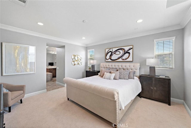 carpeted bedroom with recessed lighting, visible vents, baseboards, and ornamental molding