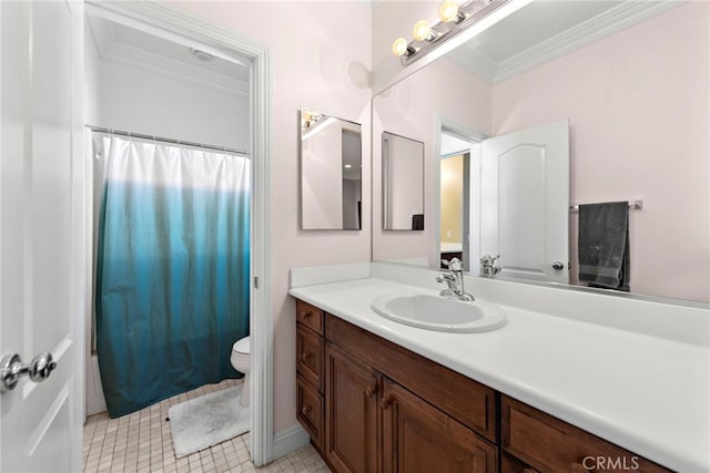 bathroom with a shower with shower curtain, toilet, vanity, and crown molding