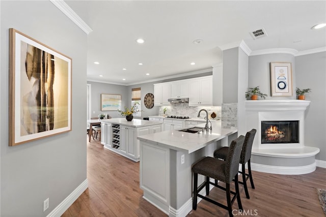 kitchen featuring light wood finished floors, visible vents, under cabinet range hood, white cabinetry, and a sink