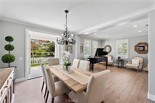 dining room with crown molding, recessed lighting, light wood-style floors, and baseboards