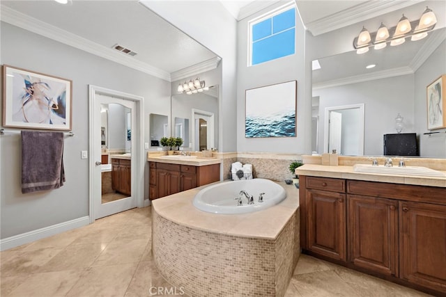 full bath with a bath, visible vents, crown molding, and a sink