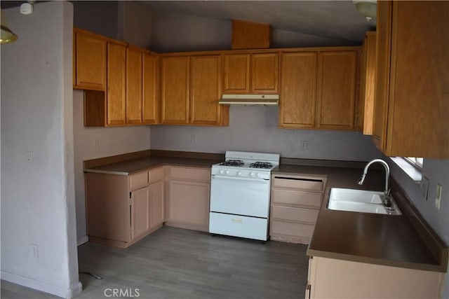 kitchen with wood finished floors, gas range gas stove, a sink, vaulted ceiling, and under cabinet range hood