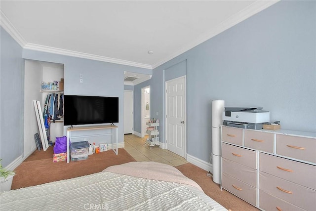 bedroom featuring visible vents, baseboards, light carpet, and ornamental molding