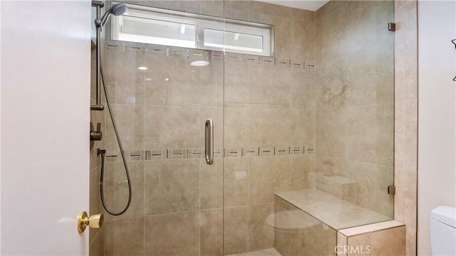 bathroom featuring toilet and a shower stall