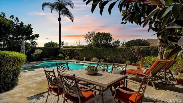 view of pool with a patio, a diving board, a fenced backyard, and a fenced in pool