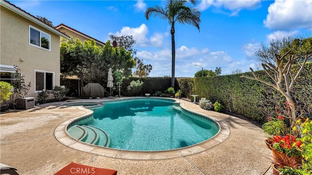 view of swimming pool with a fenced in pool, a patio, and a fenced backyard