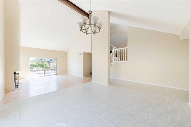 spare room featuring baseboards, high vaulted ceiling, an inviting chandelier, stairs, and beamed ceiling