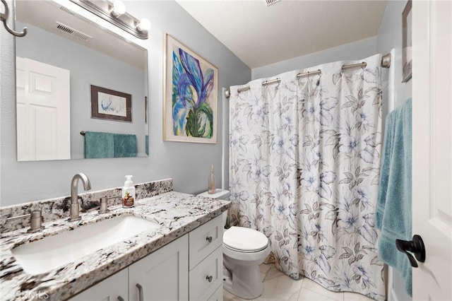 bathroom with a shower with shower curtain, visible vents, toilet, and vanity