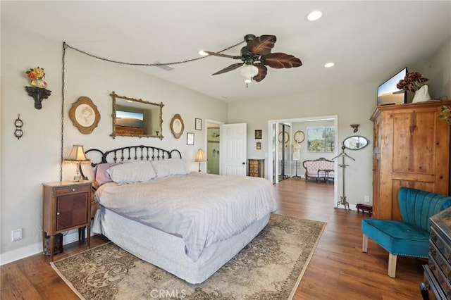 22176 Dogie Pl, Canyon Lake, CA 92587 - bedroom featuring wood finished floors, recessed lighting, and a ceiling fan