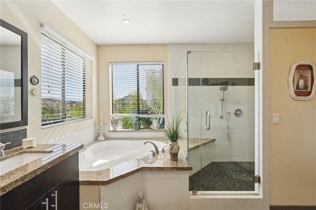 22176 Dogie Pl, Canyon Lake, CA 92587 - bathroom with a stall shower, a bath, and vanity