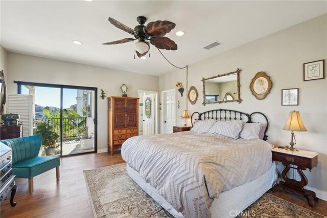 22176 Dogie Pl, Canyon Lake, CA 92587 - bedroom with access to outside, recessed lighting, wood finished floors, and a ceiling fan