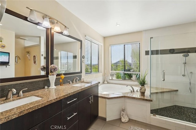22176 Dogie Pl, Canyon Lake, CA 92587 - bathroom with a garden tub, a stall shower, double vanity, tile patterned flooring, and tasteful backsplash