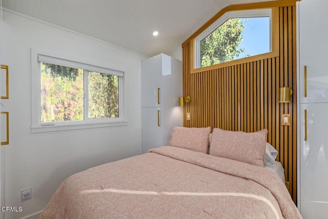 bedroom featuring recessed lighting and lofted ceiling