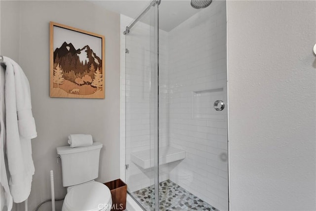 bathroom featuring toilet and a shower stall