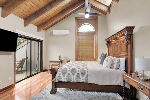 bedroom with a wall mounted air conditioner, beam ceiling, light wood-style floors, and wooden ceiling