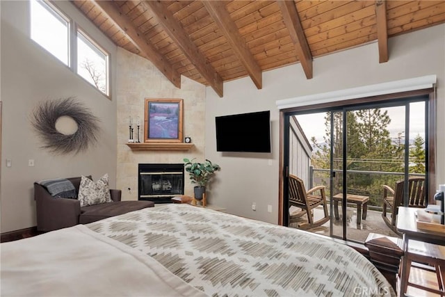 bedroom featuring access to exterior, a large fireplace, beamed ceiling, wooden ceiling, and high vaulted ceiling