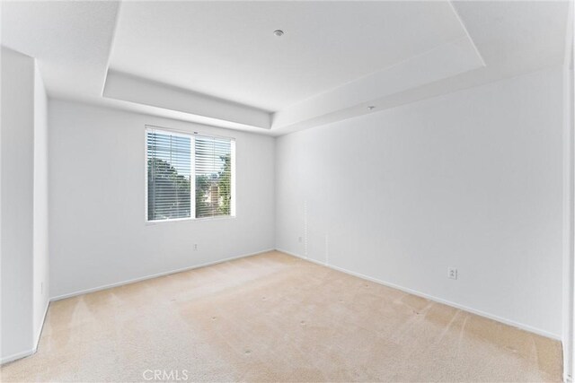 unfurnished room featuring light colored carpet, baseboards, and a tray ceiling