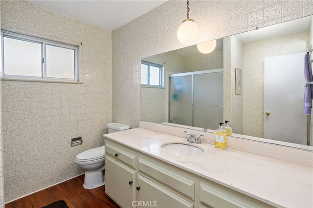 bathroom with a shower stall, toilet, vanity, and wood finished floors