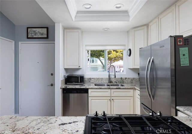 kitchen featuring a sink, a raised ceiling, appliances with stainless steel finishes, and crown molding