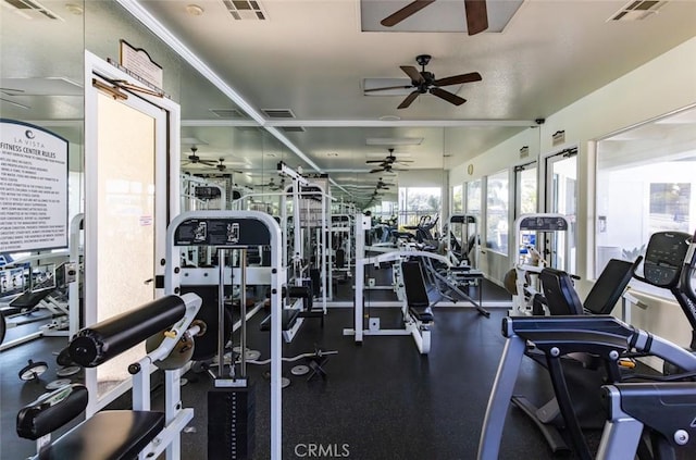 gym with visible vents and a ceiling fan