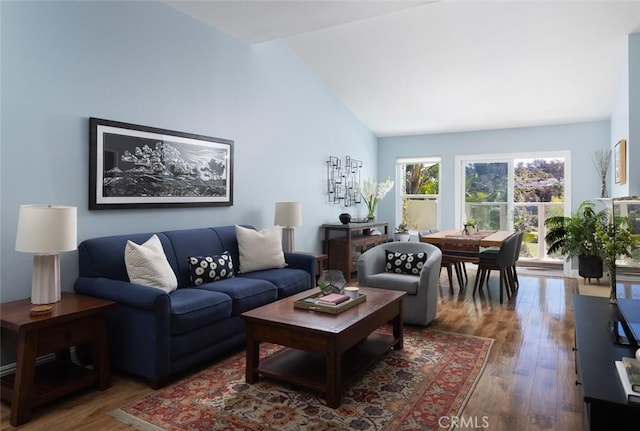 living area featuring vaulted ceiling and wood finished floors