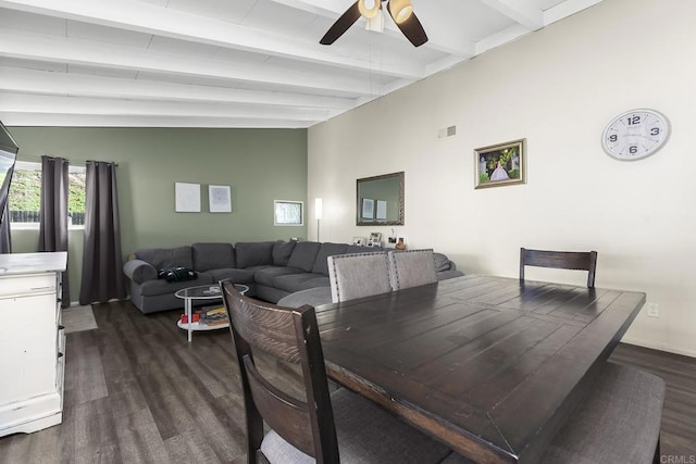 dining room with visible vents, lofted ceiling with beams, dark wood finished floors, baseboards, and ceiling fan